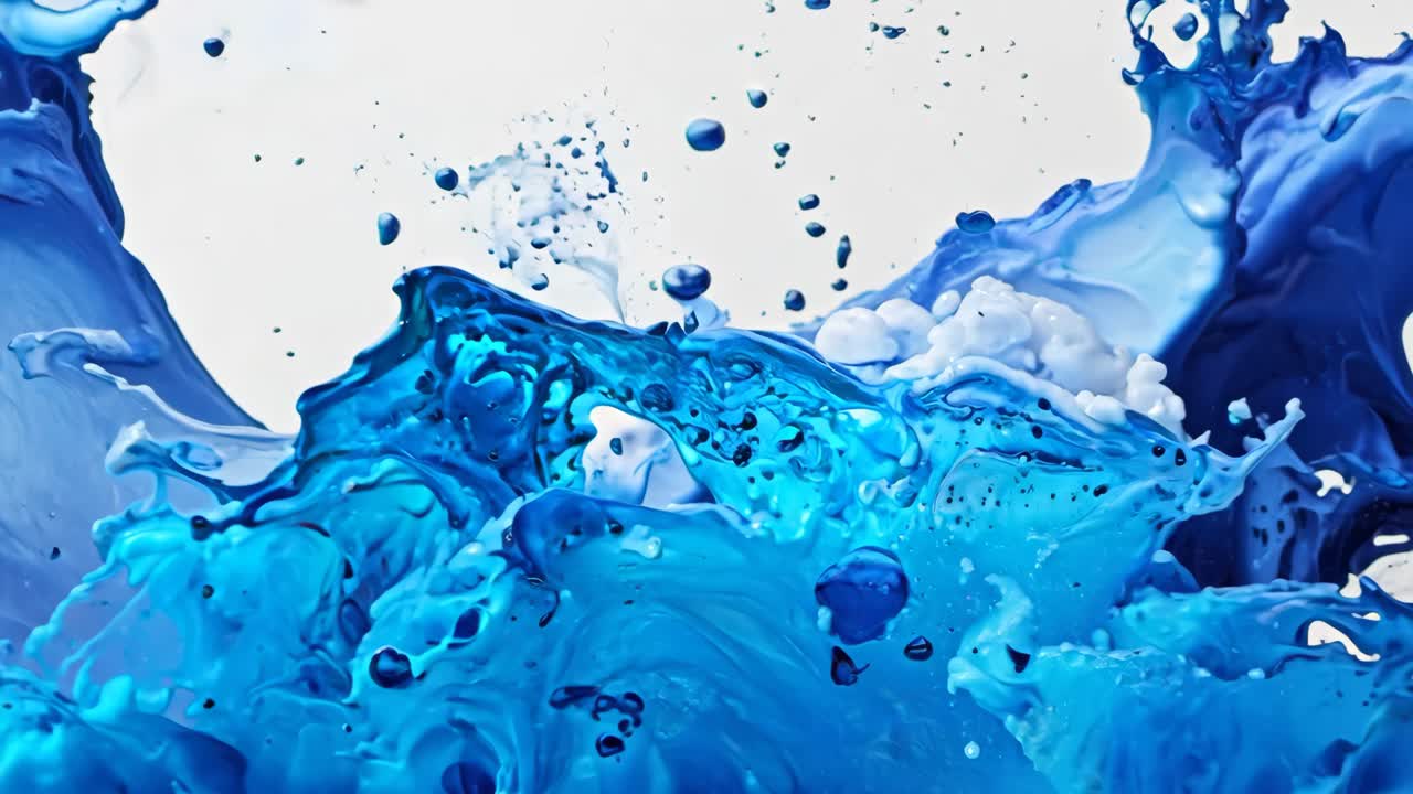 A splash of blue paint on a white background. The splash is large and bold, with a sense of movement and energy. The blue paint seems to be splashing out of the canvas, creating a dynamic