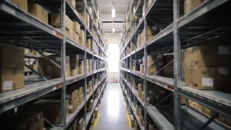a bright passage through organized storage: exploring the shelves of a warehouse filled with boxed goods