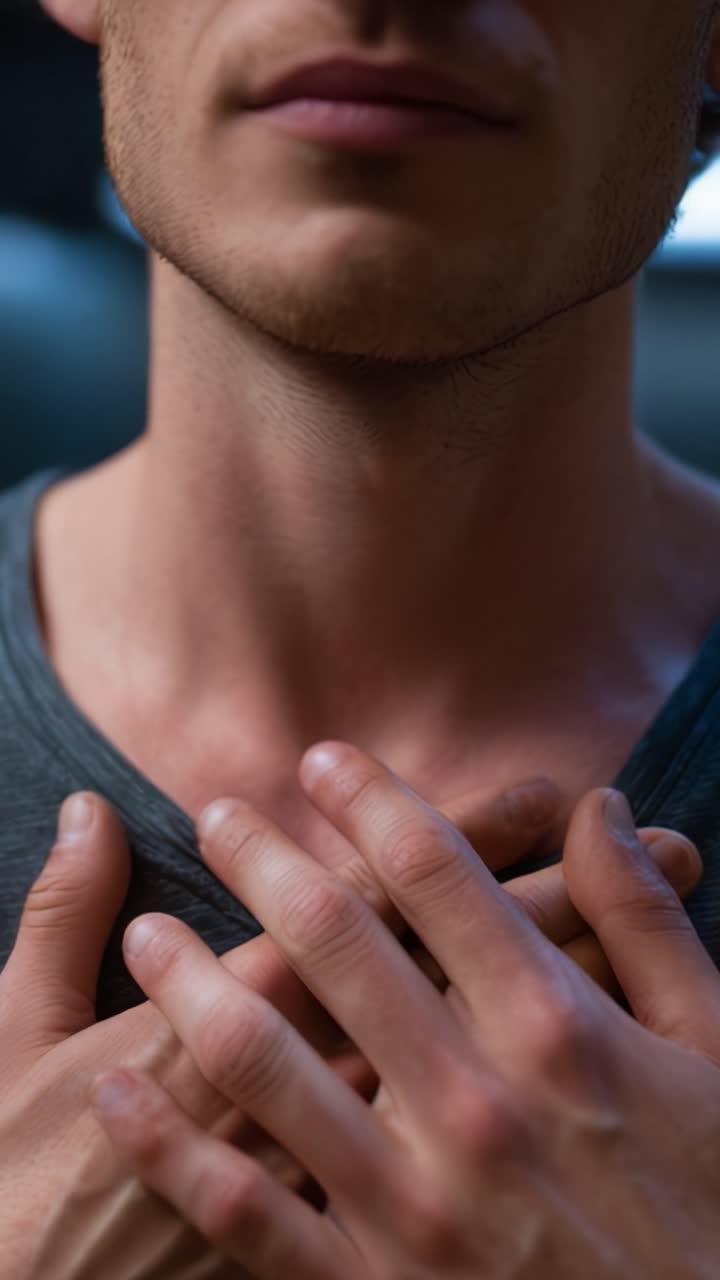 Un'esplorazione ravvicinata del collo e delle mani di un uomo, che mostra texture ed emozione in una luce soffusa, enfatizzando i dettagli intricati dell'espressione umana