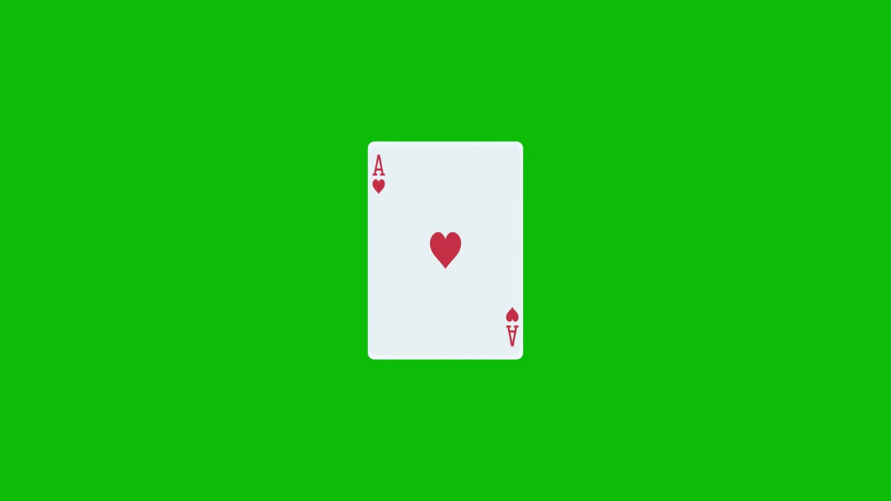 Ace of hearts poker card spins and reveals on green screen, 3D animation. You can adjust the timing of the clip to control the reveal effect