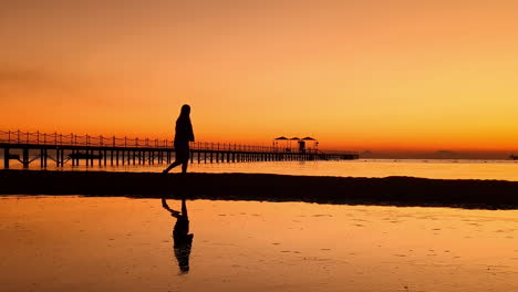 silhouette d'une femme marchant sur la plage avec une réflexion en miroir sur l'eau, en arrière-plan par une jetée en bois au coucher du soleil à l'heure d'or