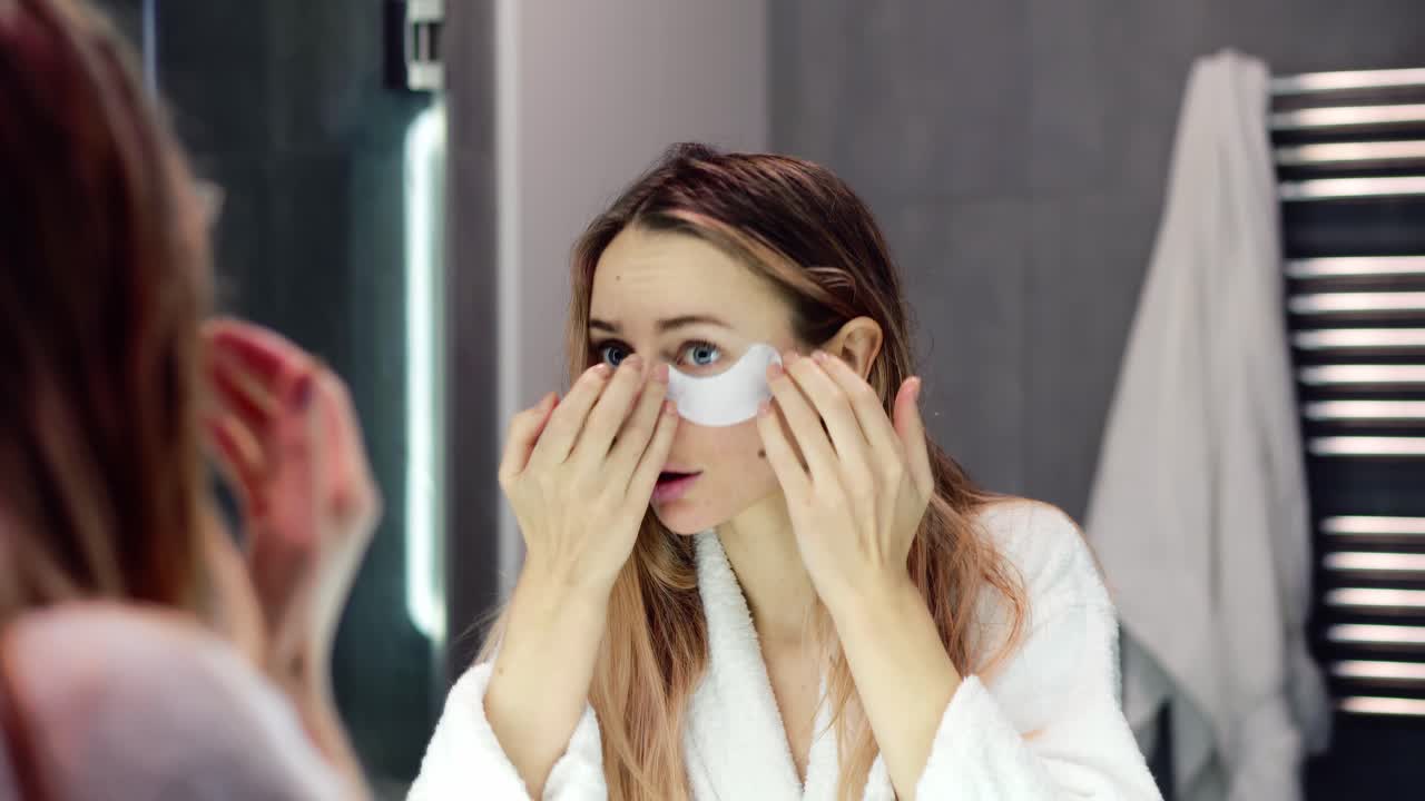 jovem em roupão de banho aplicando manchas brancas nos olhos enquanto olha para o espelho