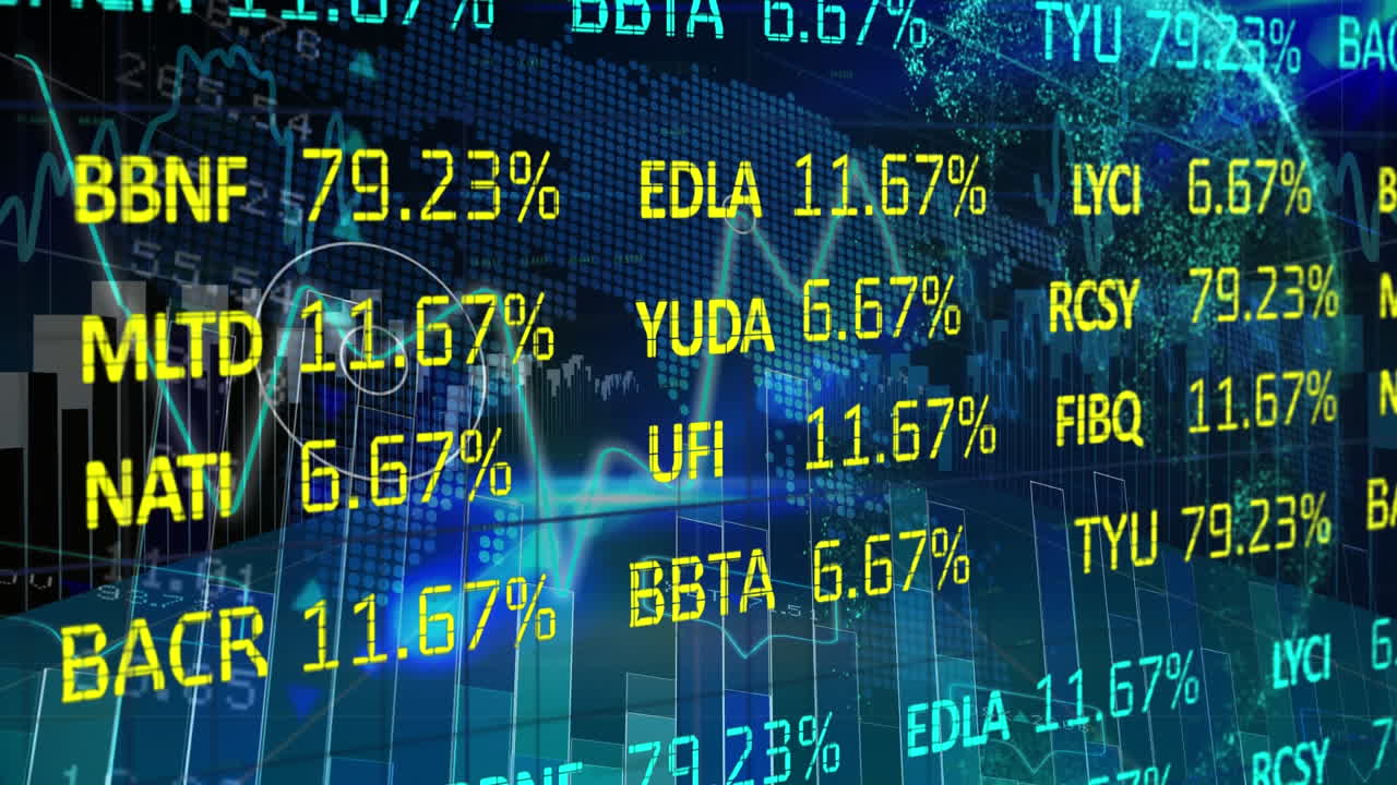 Stock market data processing over world map and spinning globe against blue background