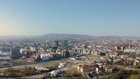 Overview-of-Oslo-city-centre-and-pan-over-the-Oslofjord-harbour-with-blue-sky