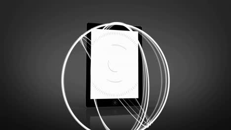 tableta que muestra una animación circular de procesamiento de datos sobre un fondo oscuro