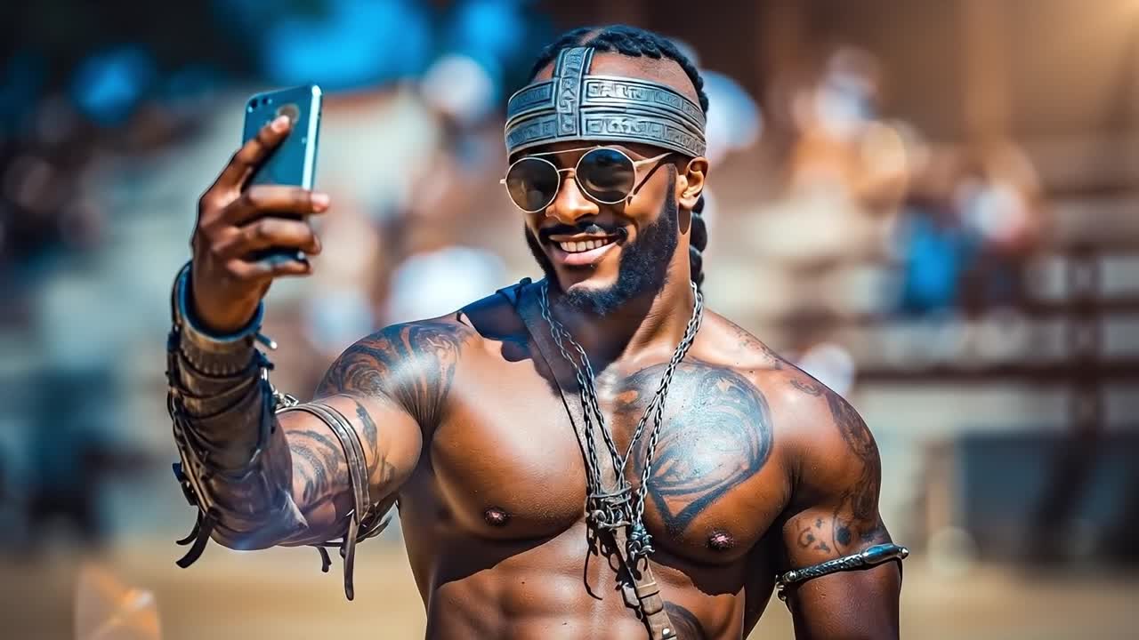 A shirtless man taking a selfie with his cell phone