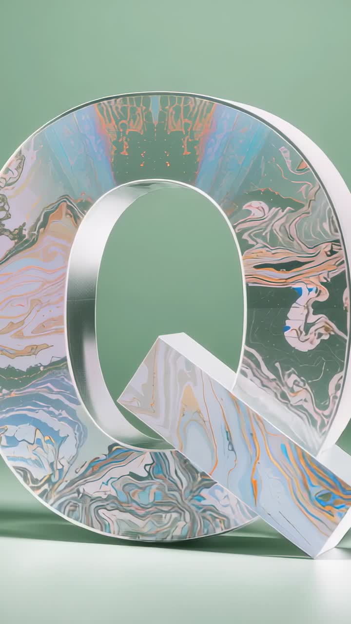 Vertical video: At start rotating 3D letter Q revealing marbled surface, silver frame in green set