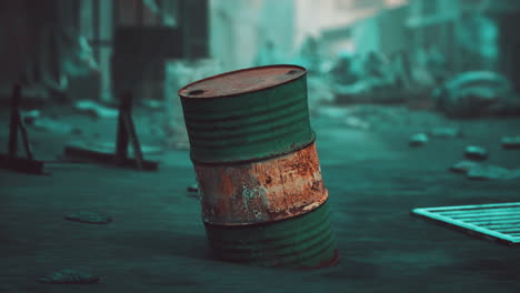 rusty barrel in a post-apocalyptic wasteland