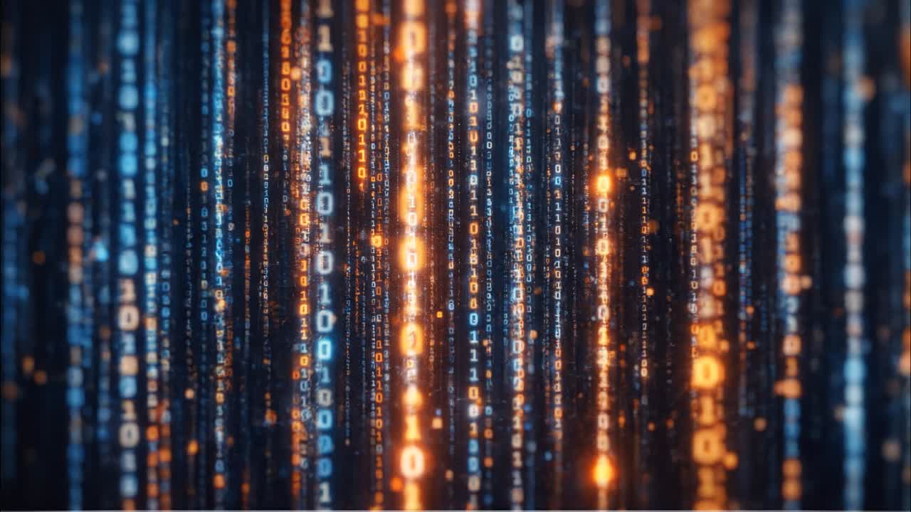 Abstract binary code data stream animation with glowing blue and orange digits