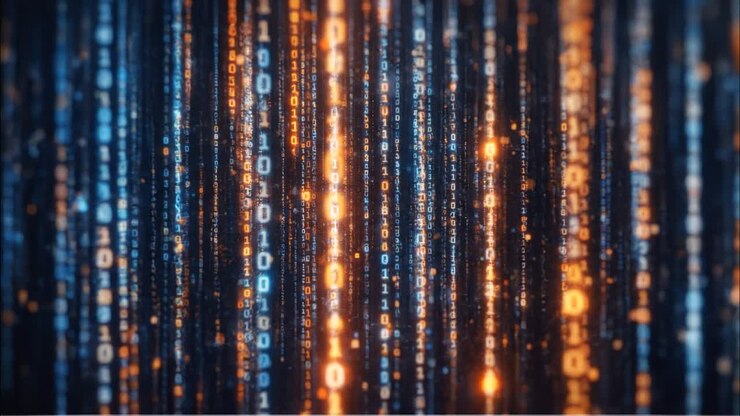 Abstract binary code data stream animation with glowing blue and orange digits