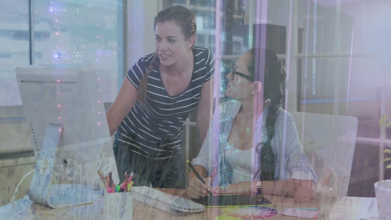 animación del paisaje urbano y procesamiento de datos con servidores informáticos en segundo plano.