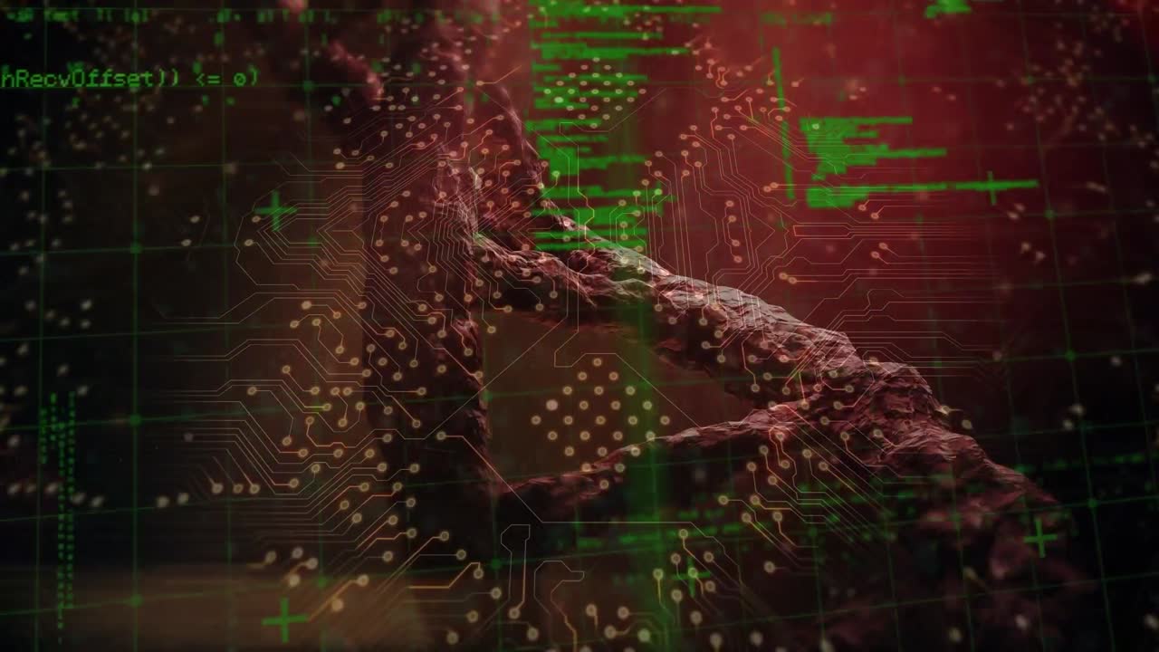 Animation of data processing and computer circuit board over dna strand