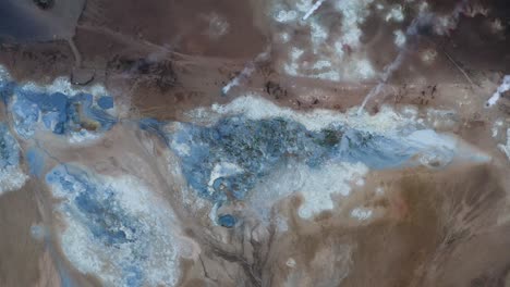toma aérea de arriba hacia abajo de ollas de barro geotérmico de color azul hirviendo en la isla de islandia - toma descendente que muestra humos ascendentes
