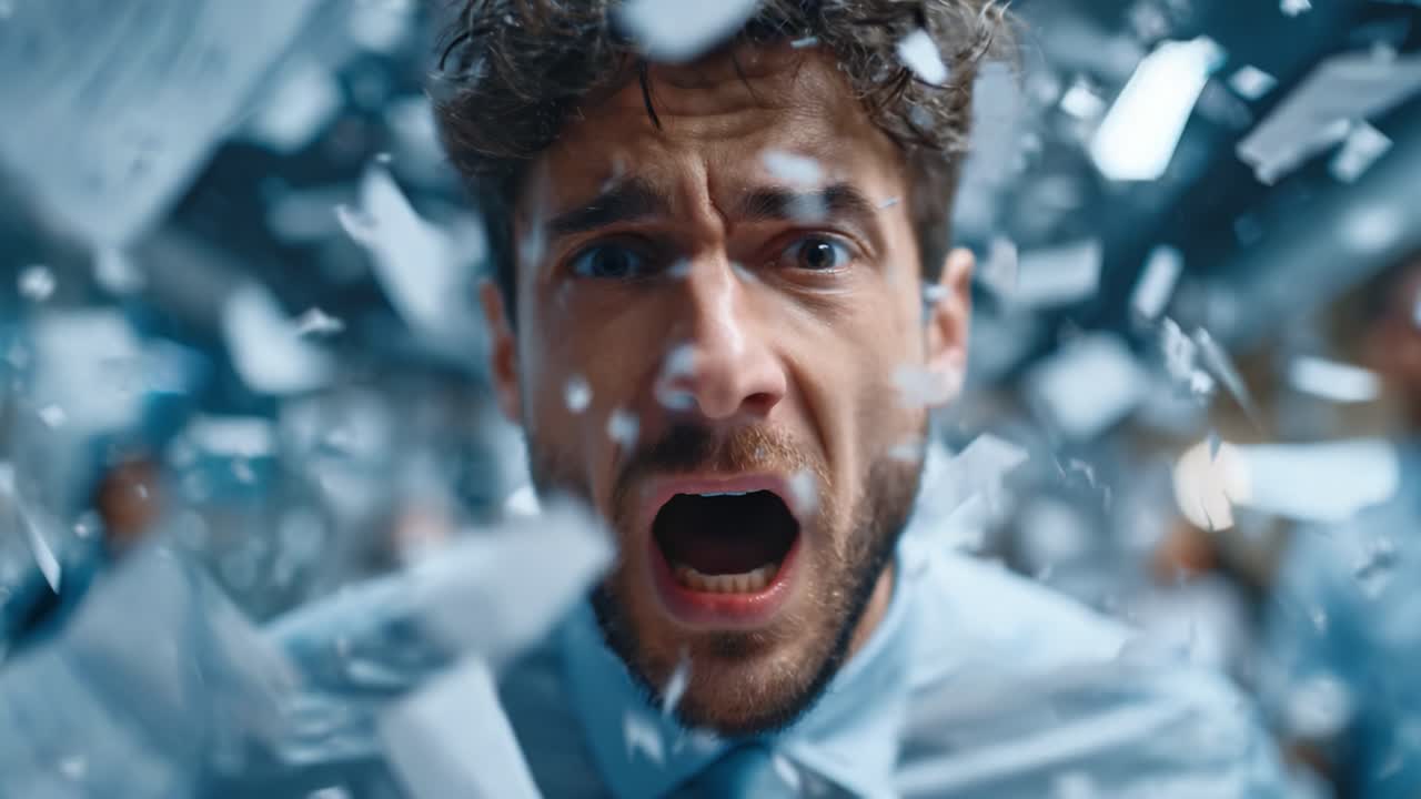 Caught in the Chaos: A Frantic Moment of Emotion as a Man Expresses Anguish Amidst a Tornado of Papers and Disruption in a Busy Environment
