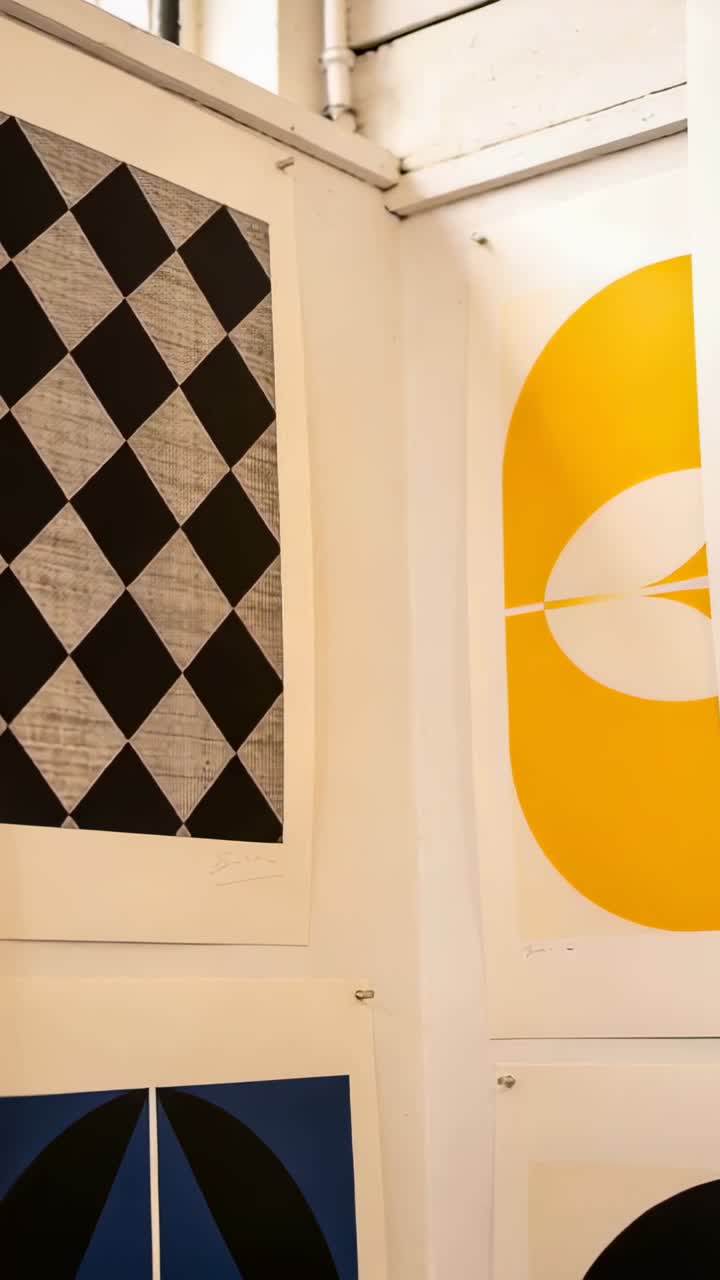 Vertikal video: Skiftende kamera afslører print på studievæg, viser gul oval og vindue.