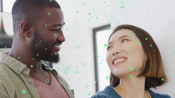 Man entering, looking down; woman turning, smiling; green tech dots obscuring faces, showing bond