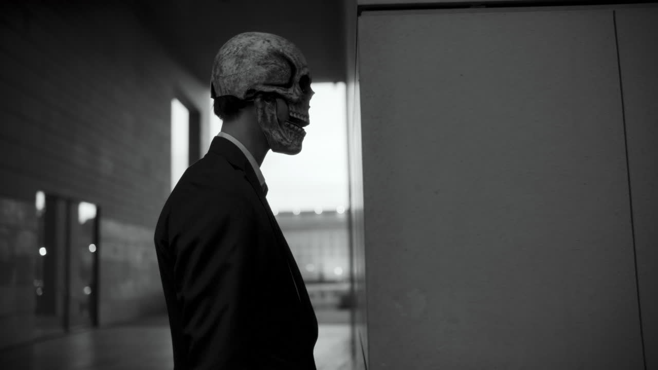 Man in Skull Mask Leaning Against Wall