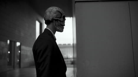 man in skull mask leaning against wall