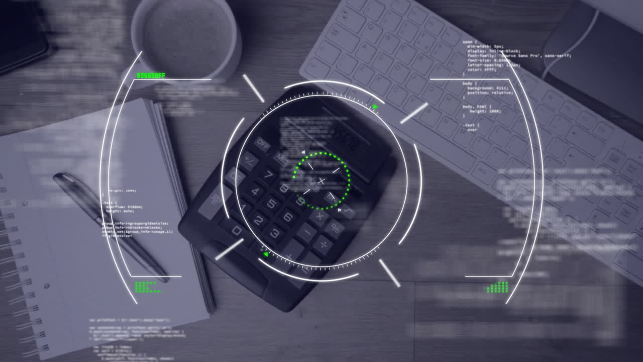 animación del procesamiento de datos digitales a través de una calculadora y una computadora de escritorio