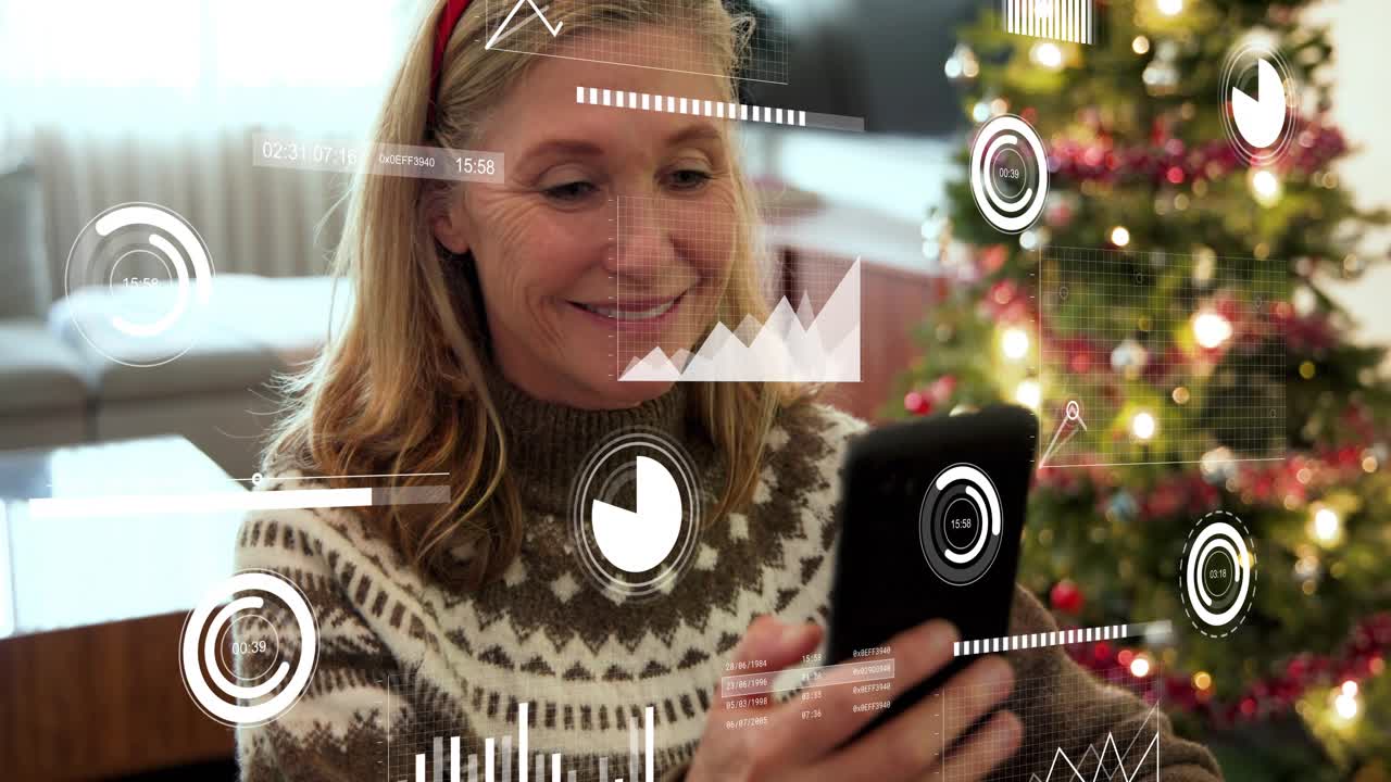 Woman bringing phone and card closer at table, tapping and entering Xmas order while HUD confirming