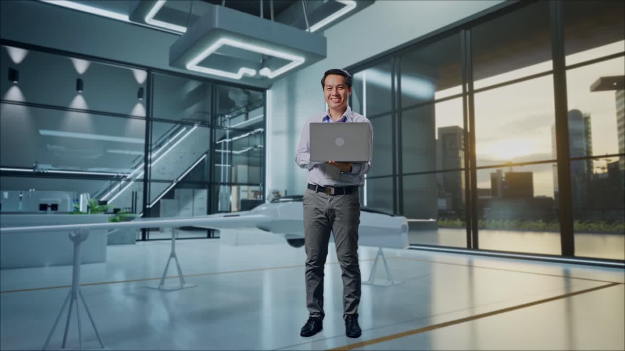 hombre con una computadora portátil en una oficina moderna