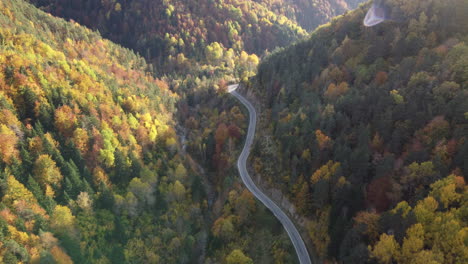 Imágenes-Aéreas-Sobre-El-Bosque-Montañoso-De-Los-Pirineos-En-Otoño-En-El-Norte-De-España-Durante-La-Hermosa-Puesta-De-Sol-Siguiendo-Una-Carretera-Escénica