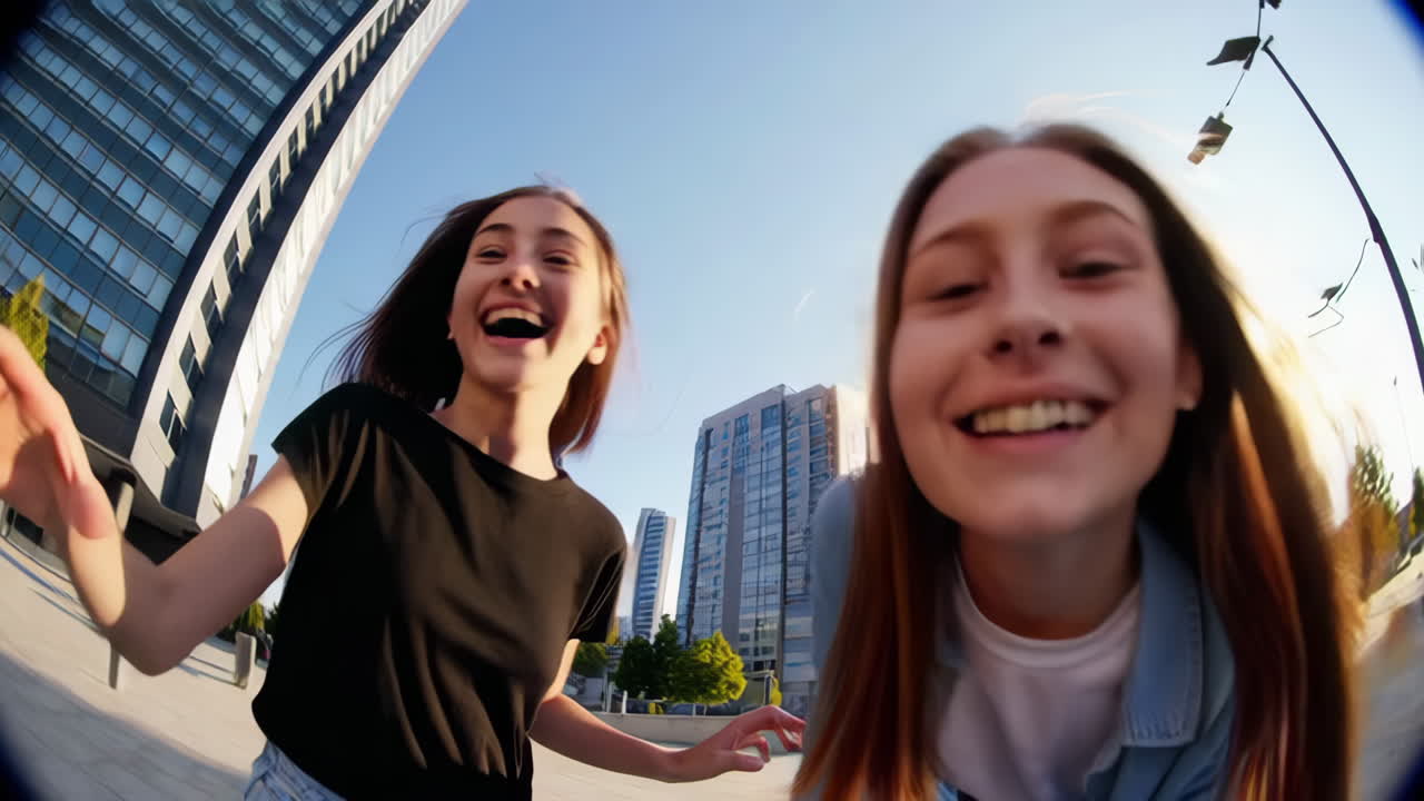 Two joyful young women laughing and interacting with a fisheye camera in an urban setting