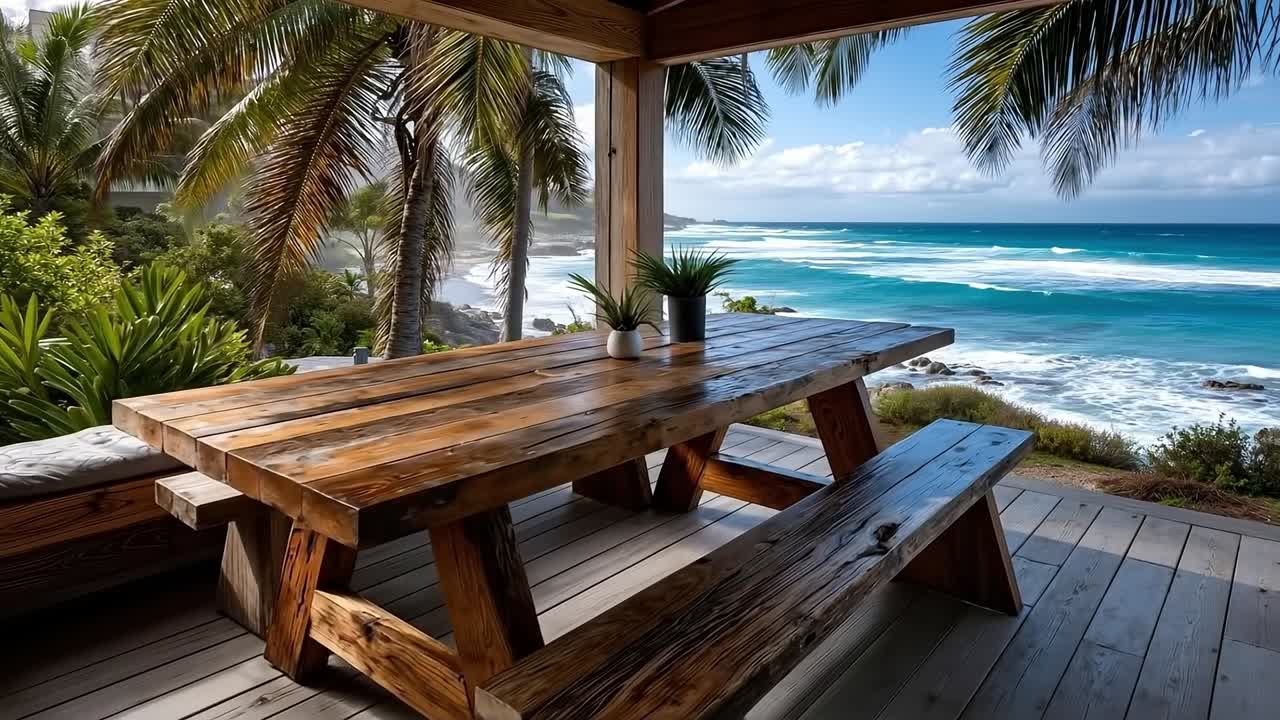 A wooden table sitting on top of a wooden deck next to the ocean