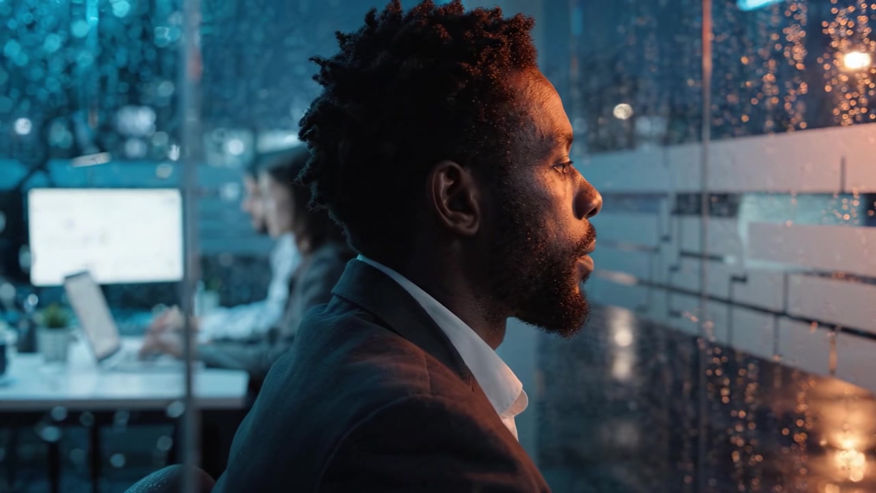 A contemplative man gazes outside, reflecting on thoughts as rain cascades down the window, capturing the essence of solitude and introspection in a bustling office.