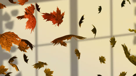 Animation-Von-Herbstblättern,-Die-über-Dem-Fensterschatten-Auf-Gelbem-Hintergrund-Schweben