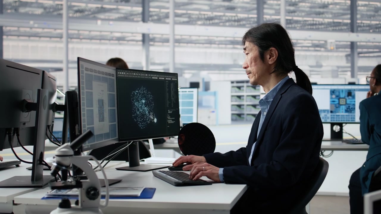 Asian Scientist Working on Computer in Modern Laboratory