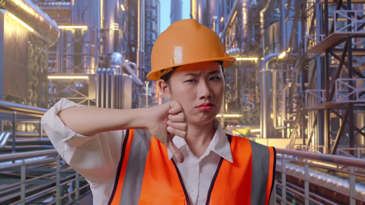 Close Up Of Asian Female Engineer With Safety Helmet Showing Thumbs Down Gesture And Shaking Her Head While Standing At A Vast Oil Refinery