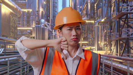 close up of asian female engineer with safety helmet showing thumbs down gesture and shaking her head while standing at a vast oil refinery