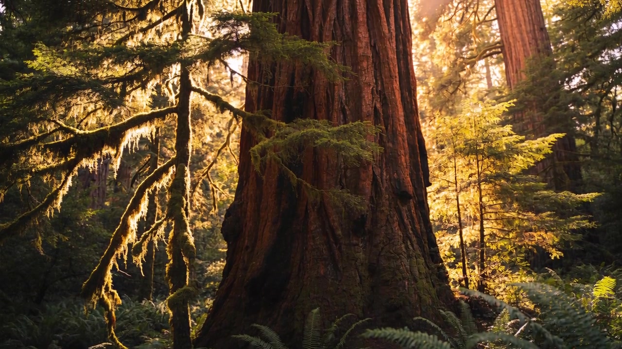 Grande tronco di conifera che si erge tra la luce solare che si intensifica alla base della foresta, con un ramo muschioso e felci.