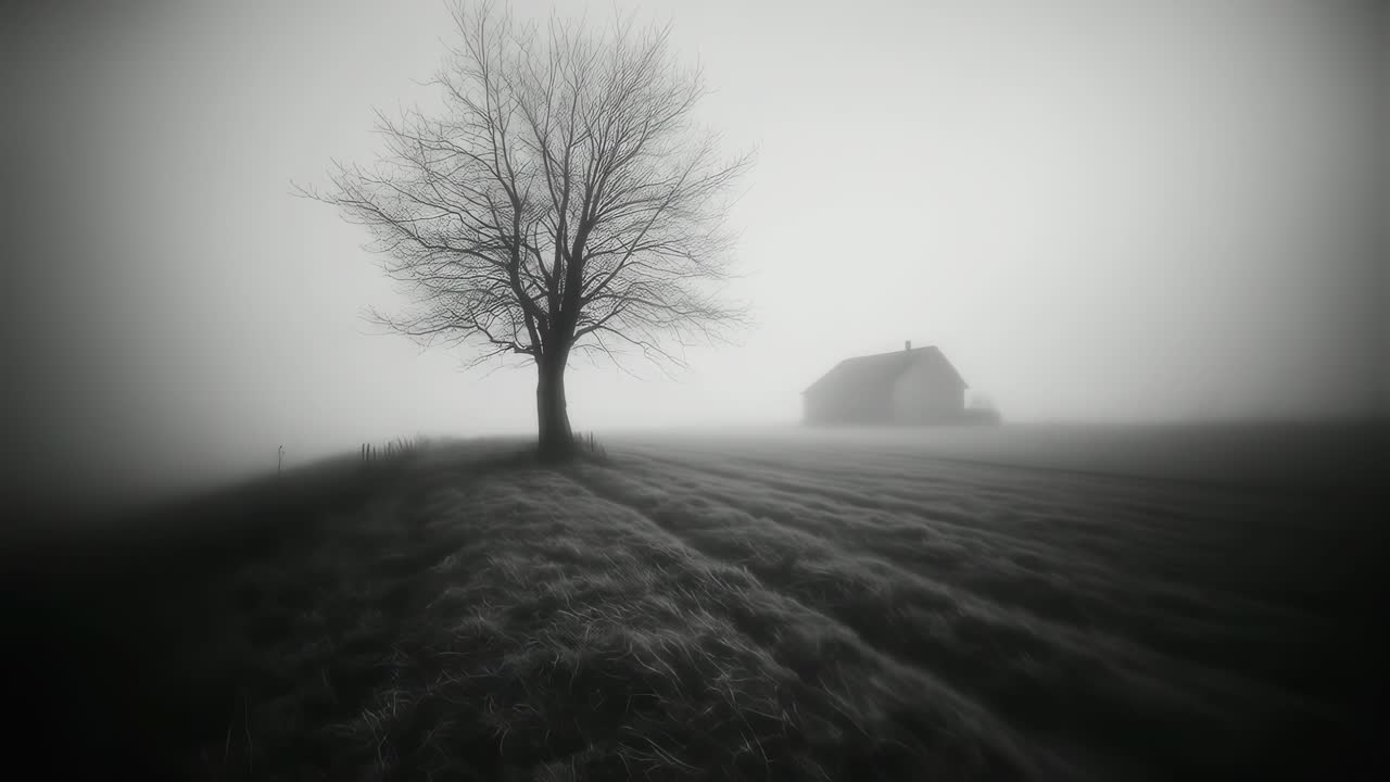 Dense fog gradually enveloping bare tree, abandoned wooden structure within empty rural landscape, generating haunting atmospheric mood through monochrome visual storytelling