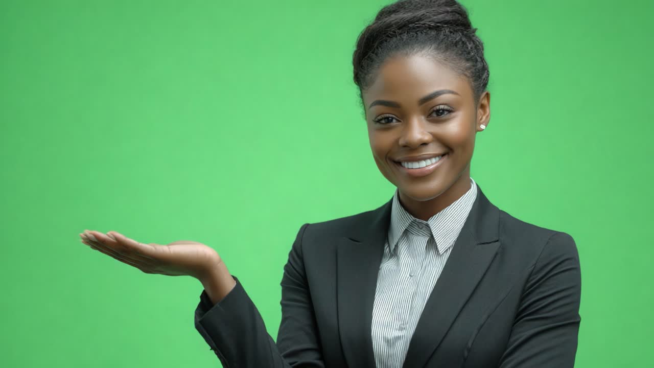 Confident Businesswoman Smiling with Outstretched Hand Against a Green Screen Background, Portraying Professionalism and Approachability in a Studio Setting