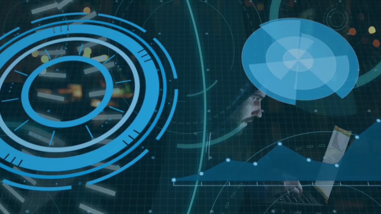 animación de texto 5g, escaneo de alcances y procesamiento de datos a través de servidores