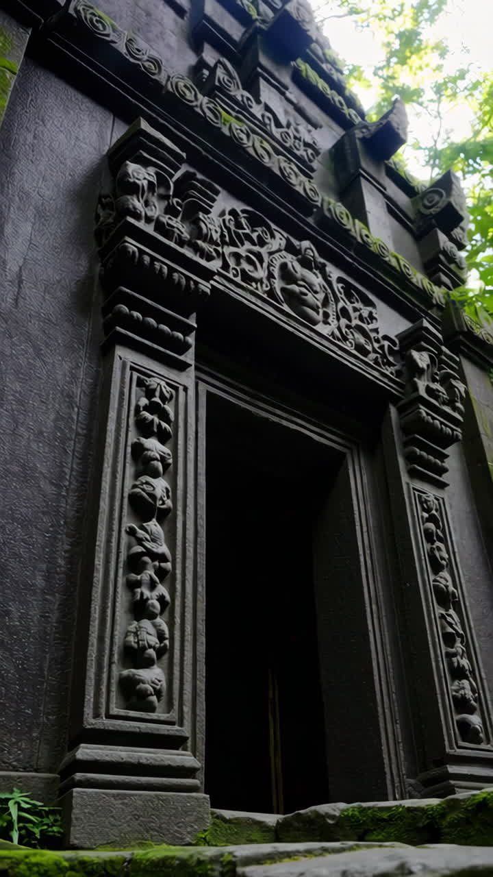 Ancient Temple Entrance with Carvings and Mossy Steps