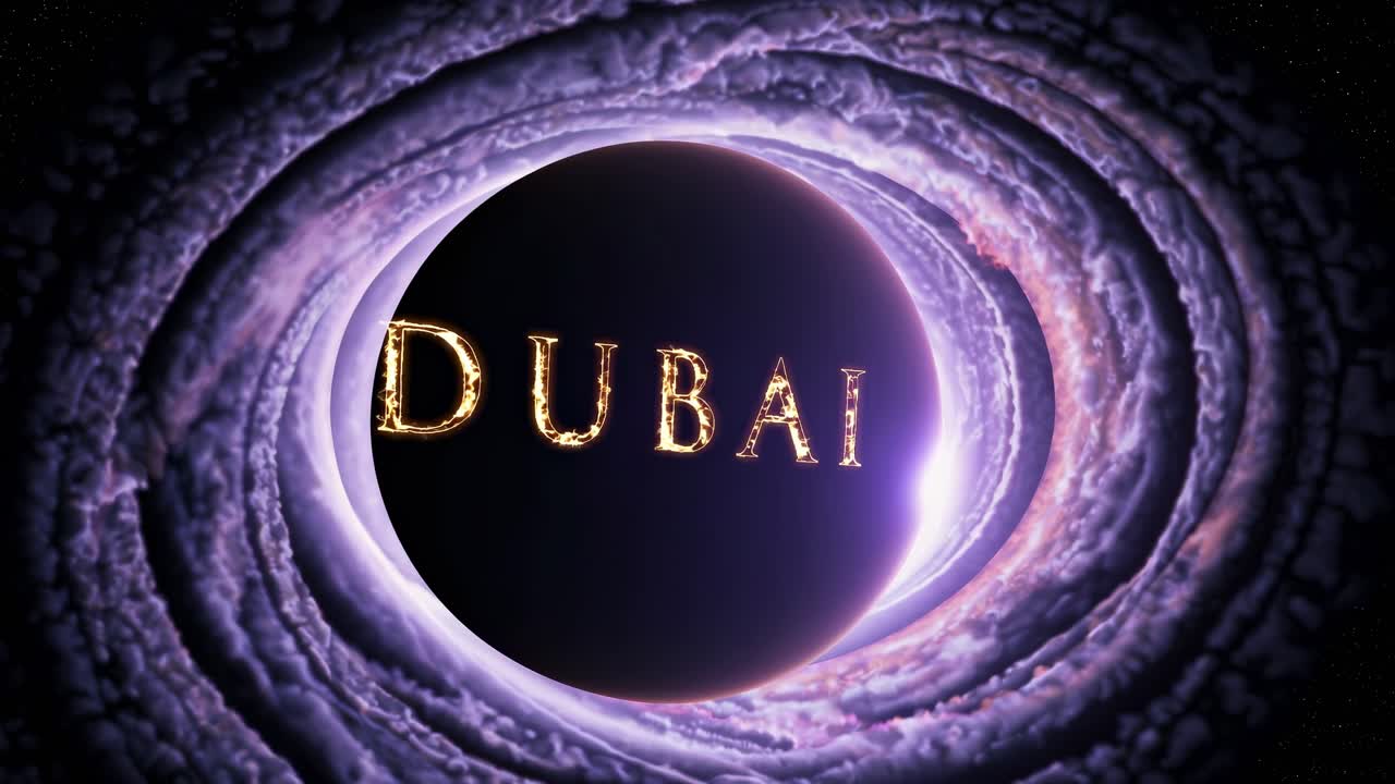 Glowing Dubai sign rising from a vibrant purple cosmic vortex, illuminating the dark outer space filled with twinkling stars and mysterious celestial wonders