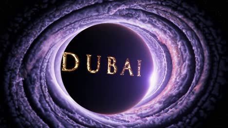 glowing dubai sign rising from a vibrant purple cosmic vortex, illuminating the dark outer space filled with twinkling stars and mysterious celestial wonders