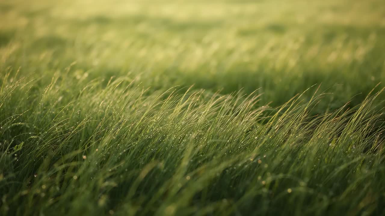 Alti fili d'erba verde che ondeggiano nella dolce brezza del prato, con gocce di rugiada che scintillano alla luce del sole.