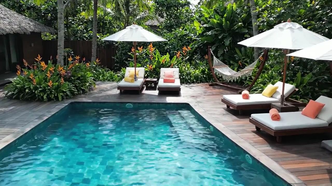 A Serene Tropical Oasis: Relaxing Poolside Setting Surrounded by Lush Greenery, Vibrant Flowers, and Comfortable Lounges for Ultimate Leisure and Tranquility