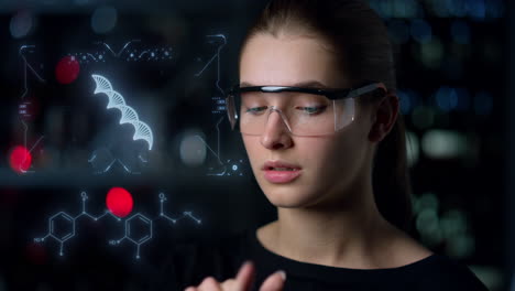 Digital-glasses-woman-biochemist-inspecting-DNA-hologram-looking-for-deviations