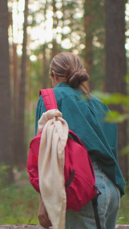 primos cansados con mochilas se sientan en un árbol caído en un bosque exuberante, un primo, con bandana azul, levanta la pierna felizmente, apareciendo relajado y alegre, mientras que el primo en camisa verde descansa la mano en el árbol
