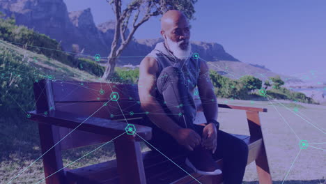 mature man tying shoe on bench in tech context, featuring digital network overlays