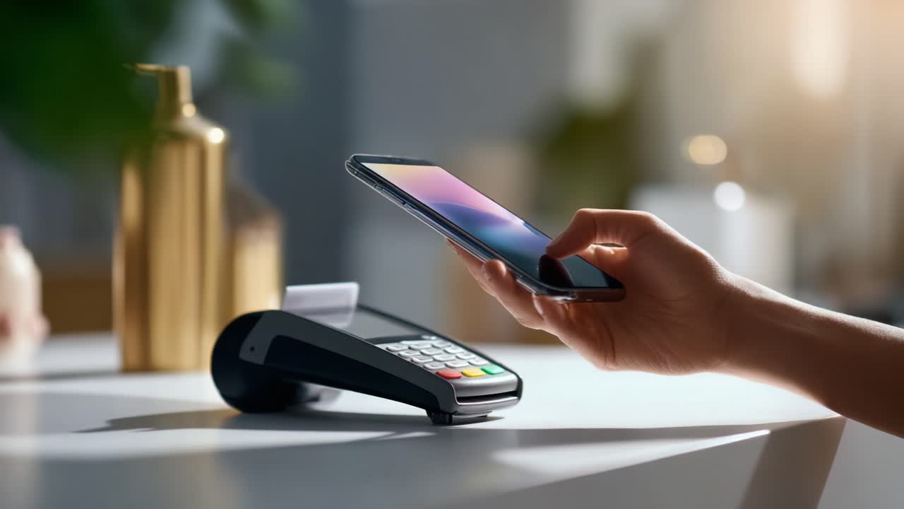 Contactless Payment Technology in Action: A Hand Holding a Smartphone Near a Card Reader, Showcasing Modern Convenience for Seamless Transactions and Digital Wallet Solutions