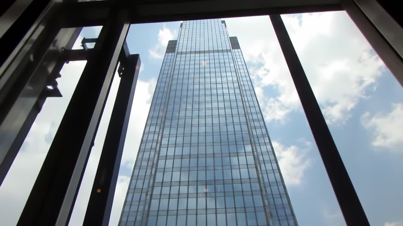 A Stunning View of a Skyscraper Through Open Windows, Showcasing Modern Architecture Against a Bright Sky with Fluffy Clouds in a Vibrant Urban Landscape