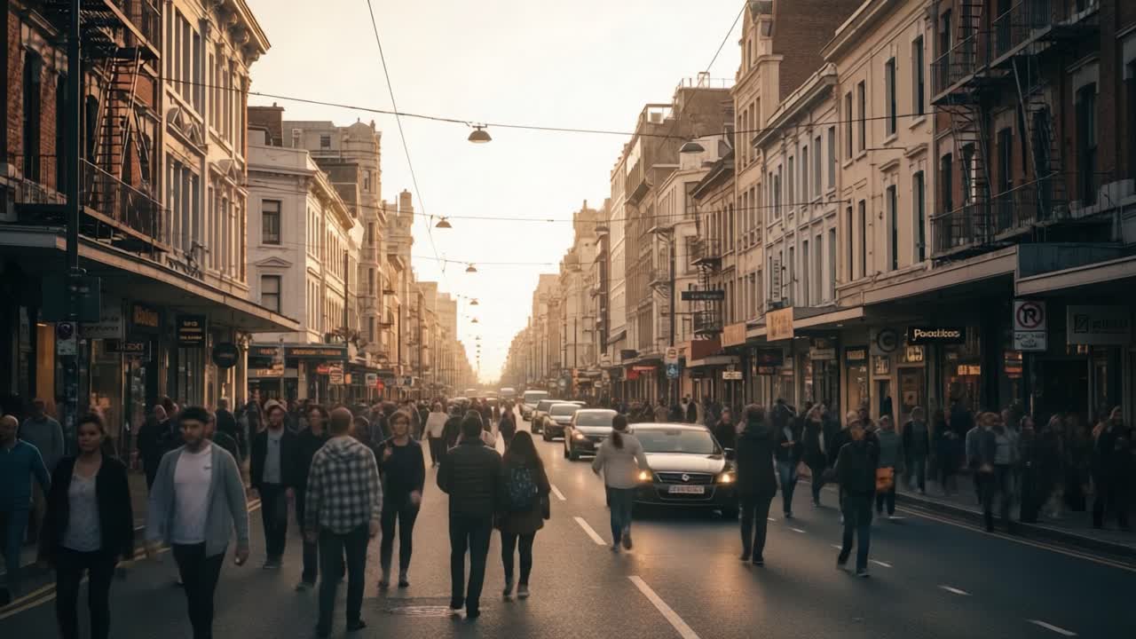 A busy city street with pedestrians and cars at golden hour
