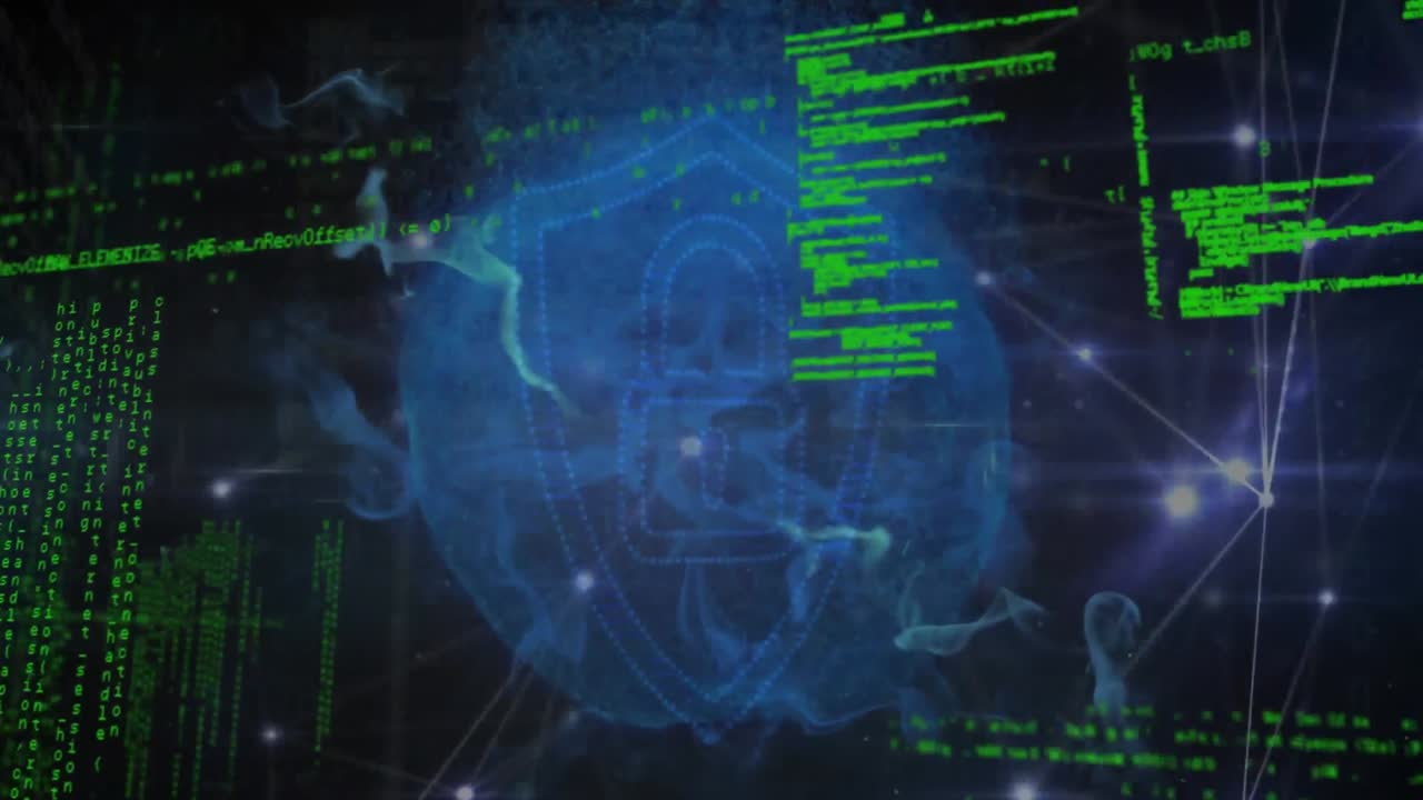 animación de una red brillante de conexiones a través del icono del candado de seguridad y el procesamiento de datos