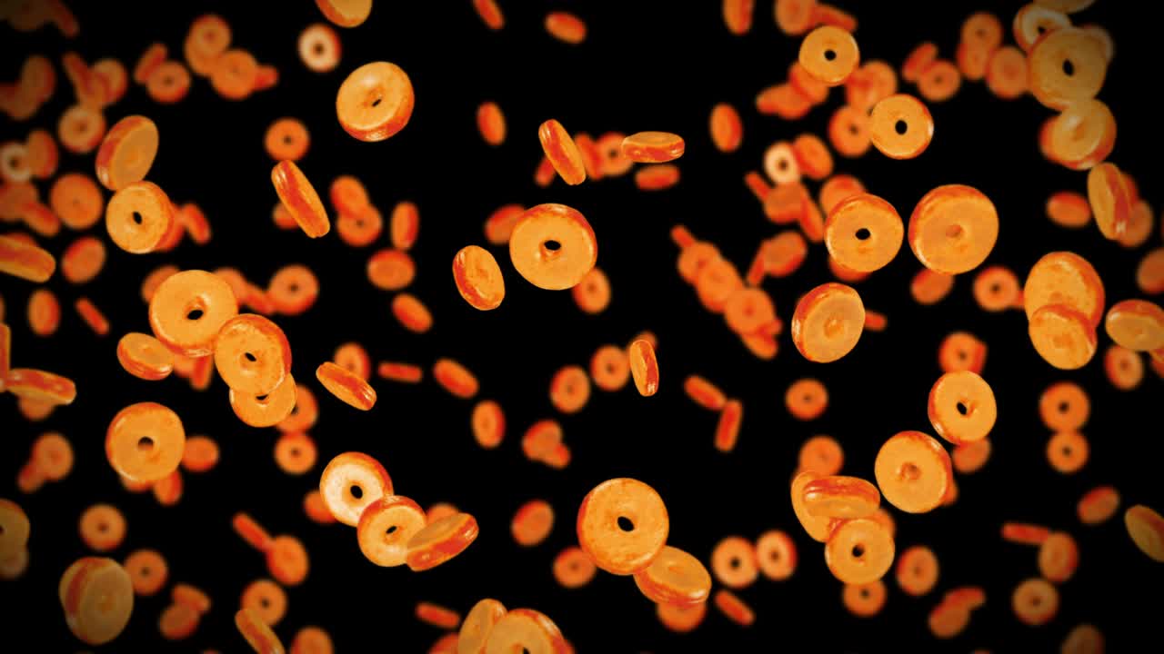 volando muchas rosquillas planas en fondo negro. pastel de rosquillas, dulces, postre. animación en 3d de la rotación de las rosquillas. animación de bucle.